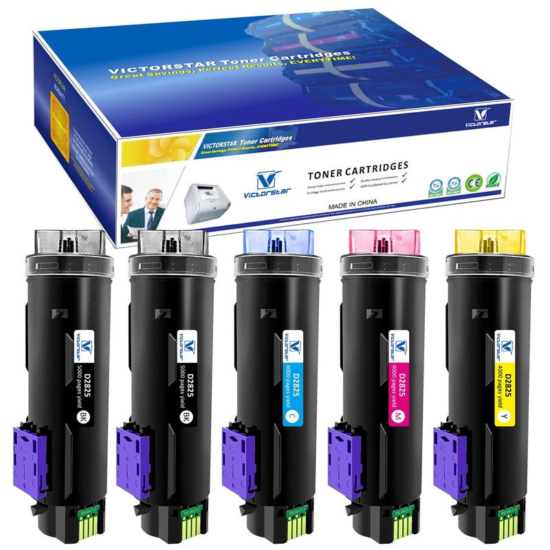 VICTORSTAR 5 Packs Compatible Toner Cartridge S2825 H625 H825 (2BK + C + Y + M )ã€Extra High Yieldã€‘ 5000 Pages for BK & 4000 Pages for C/M/Y for Dell Laser Printers H625 cdw / H825cdw / S2825cdn (5C) - Image 1